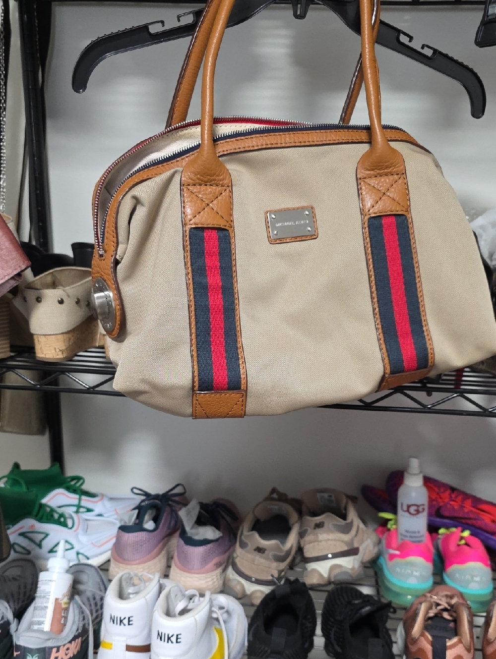 Michael Kors Beige Canvas Satchel with Tan Leather and Red-Blue Stripes